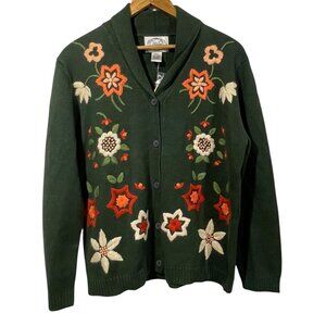 Stitches In Time Green Floral Embroidered Cardigan Shawl Collar Cottagecore NWT